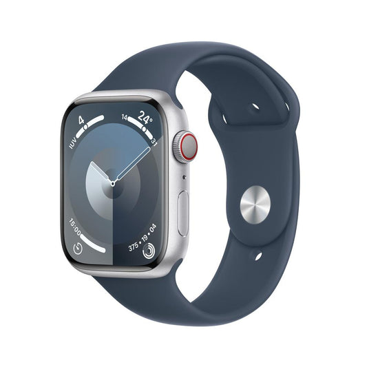 aApple Watch Series 9 GPS + Cellular • Caja de aluminio color plata de 45 mm • Correa deportiva azul tormenta - M/L