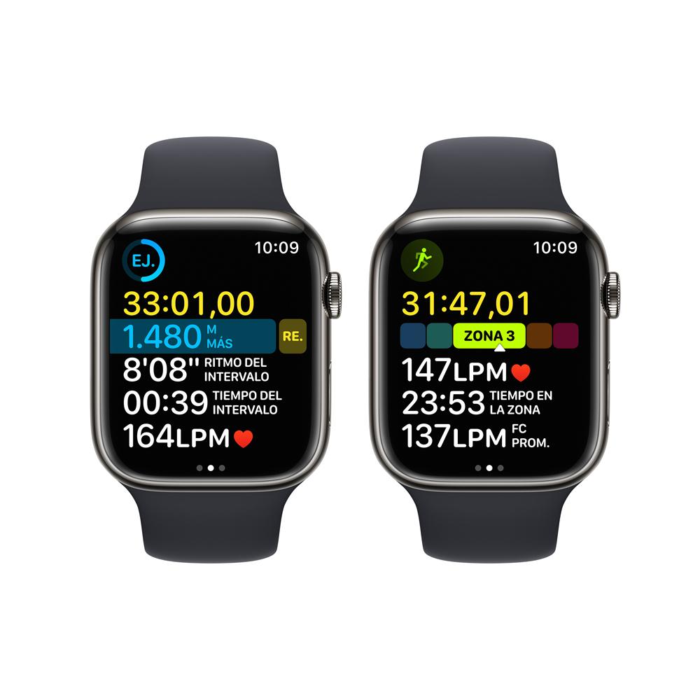Apple Watch Series 8 (GPS + Cellular) - Caja de acero inoxidable en grafito de 45 mm - Correa deportiva en color medianoche - Talla única