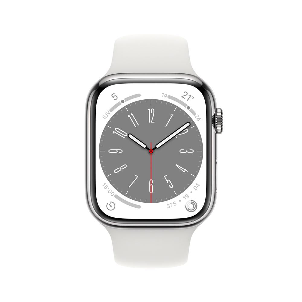 Apple Watch Series 8 (GPS + Cellular) - Caja de acero inoxidable en plata de 45 mm - Correa deportiva blanca - Talla única