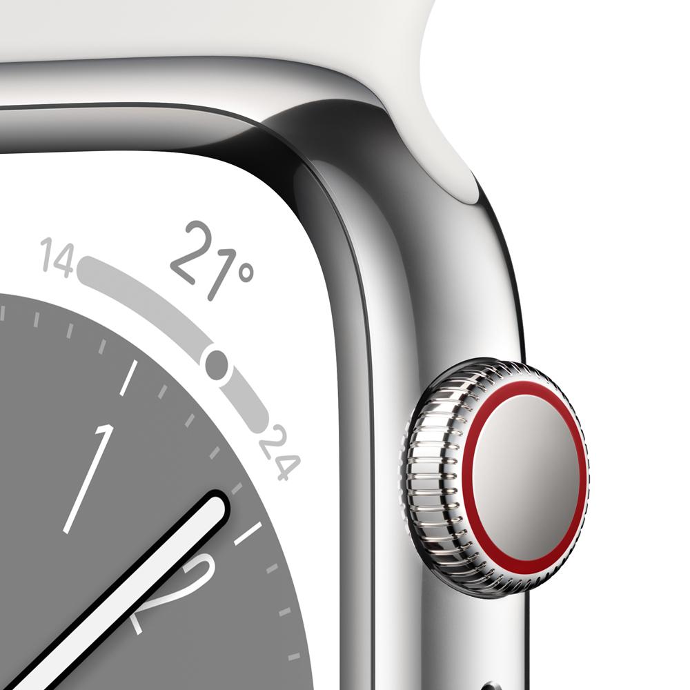 Apple Watch Series 8 (GPS + Cellular) - Caja de acero inoxidable en plata de 45 mm - Correa deportiva blanca - Talla única