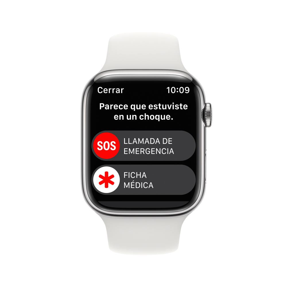 Apple Watch Series 8 (GPS + Cellular) - Caja de acero inoxidable en plata de 45 mm - Correa deportiva blanca - Talla única