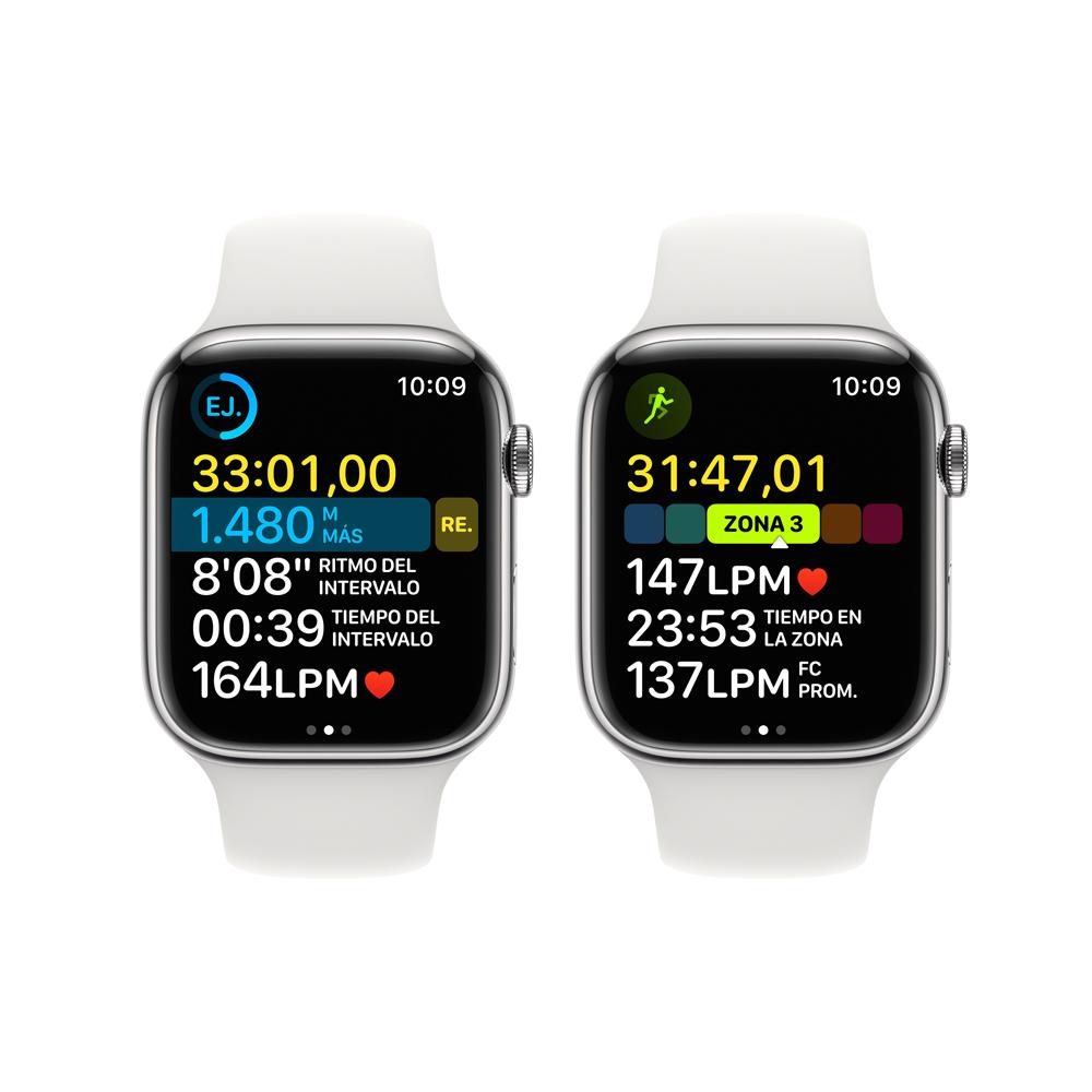 Apple Watch Series 8 (GPS + Cellular) - Caja de acero inoxidable en plata de 45 mm - Correa deportiva blanca - Talla única