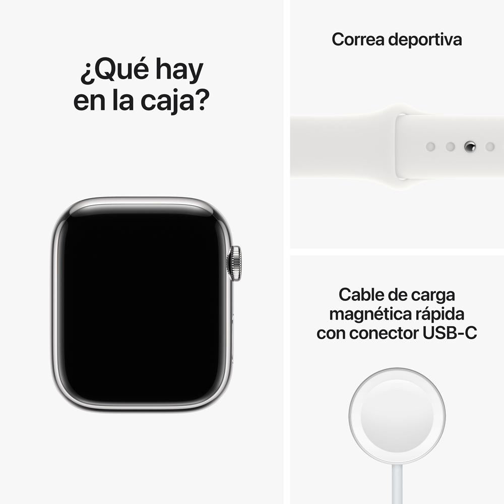 Apple Watch Series 8 (GPS + Cellular) - Caja de acero inoxidable en plata de 45 mm - Correa deportiva blanca - Talla única