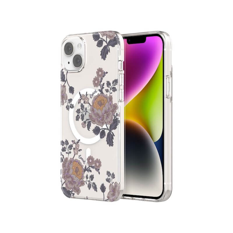 Case protectora Coach con MagSafe Para iPhone 14 Plus- Moody Floral/Púrpura