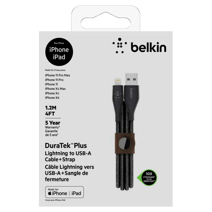 Cable Lightning USB 1.2m DuraTek con cinta blanco