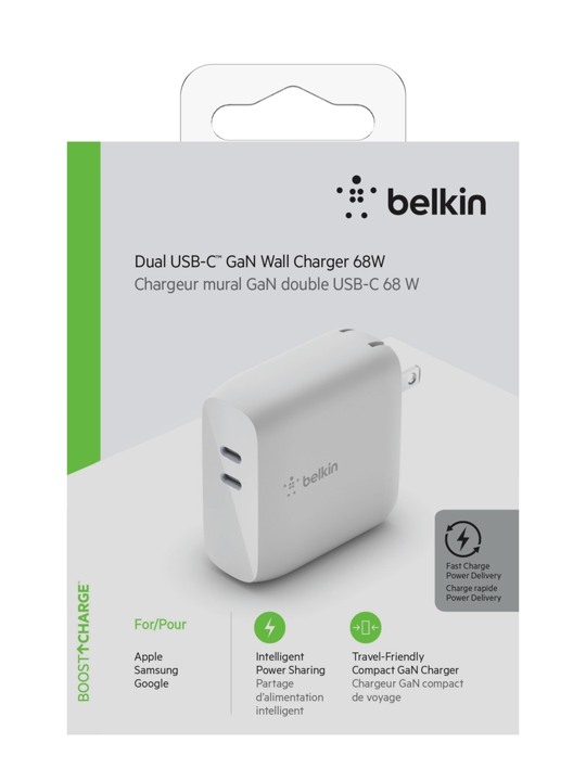 Cargador de Pared Dual USB-C PD GAN 68W - Blanco