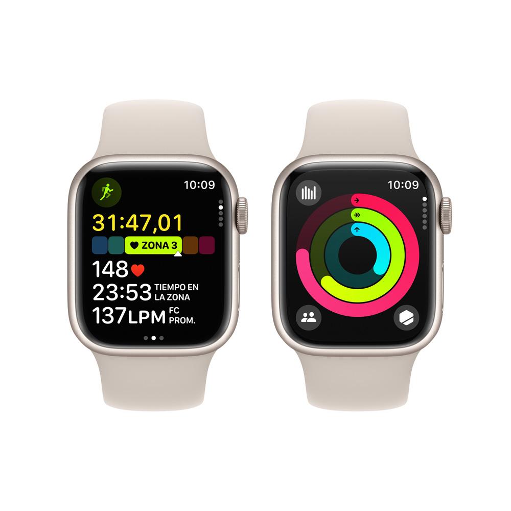 Apple Watch Series 9 GPS • Caja de aluminio blanco estelar de 41 mm • Correa deportiva blanco estelar - S/M