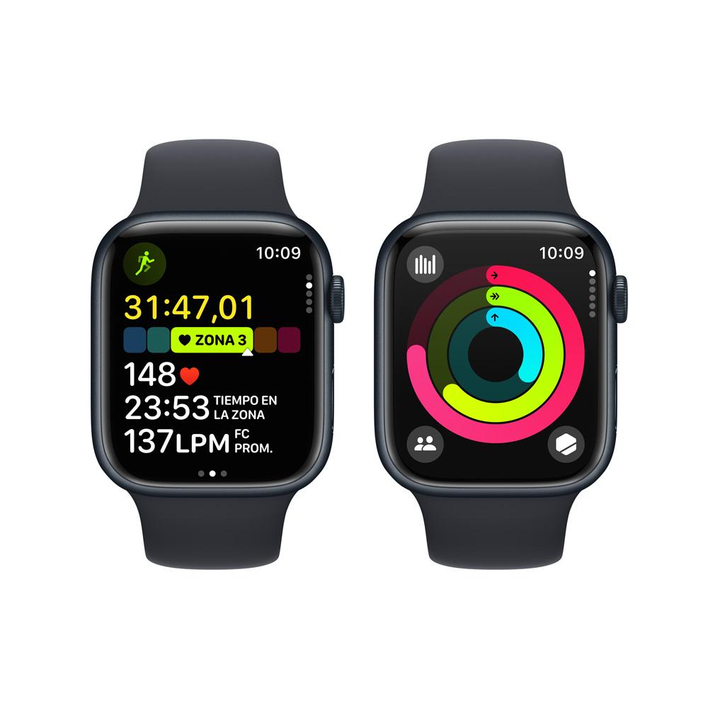 Apple Watch Series 9 GPS • Caja de aluminio color medianoche de 45 mm • Correa deportiva color medianoche - S/M