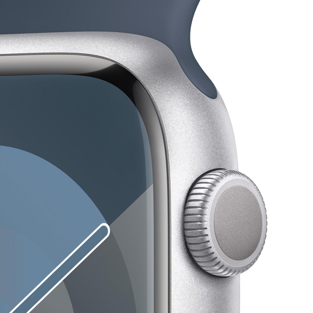 Apple Watch Series 9 GPS • Caja de aluminio color plata de 45 mm • Correa deportiva azul tormenta - M/L