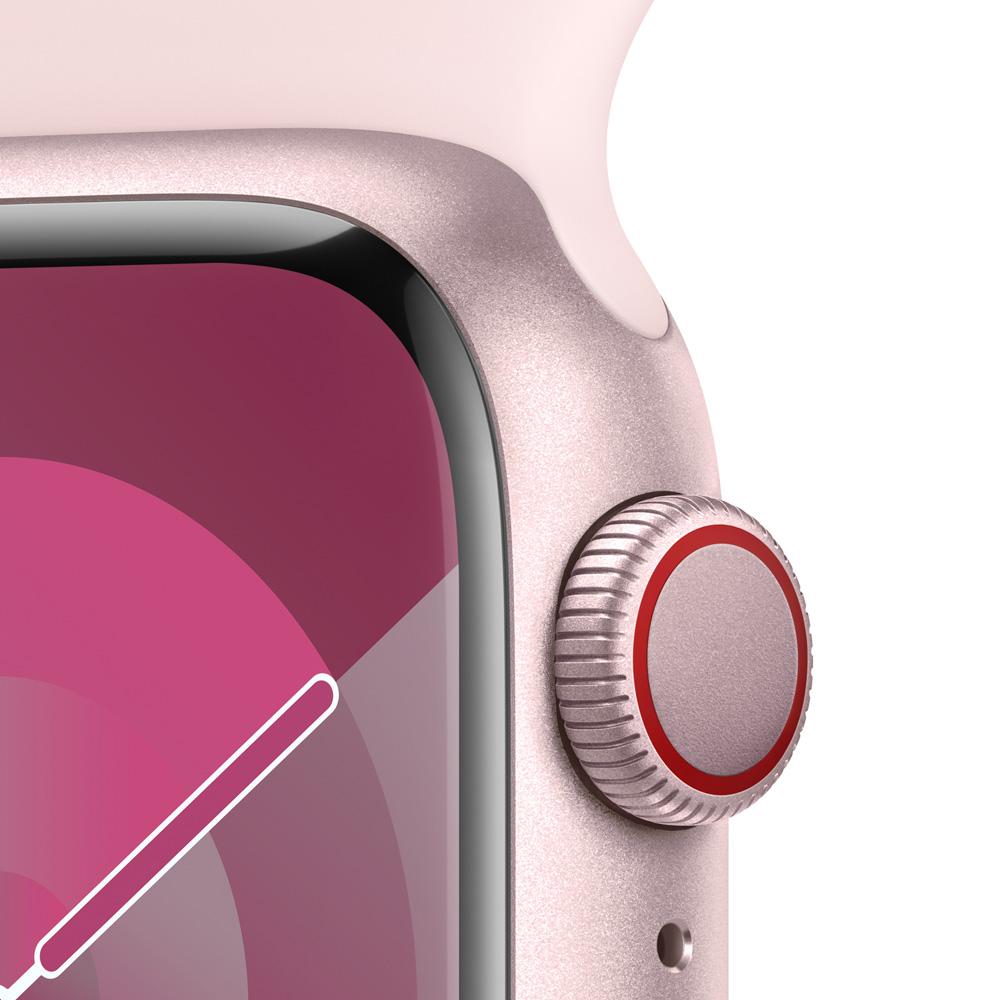 Apple Watch Series 9 GPS + Cellular • Caja de aluminio rosada de 41 mm • Correa deportiva rosado claro - S/M