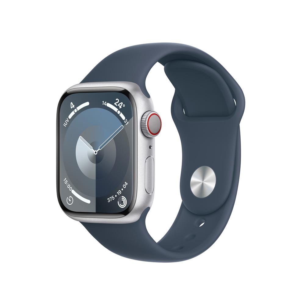 Apple Watch Series 9 GPS + Cellular • Caja de aluminio color plata de 41 mm • Correa deportiva azul tormenta - S/M