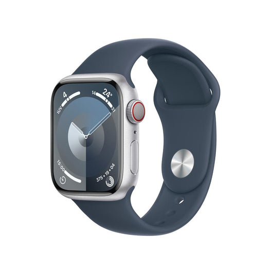 Apple Watch Series 9 GPS + Cellular • Caja de aluminio color plata de 41 mm • Correa deportiva azul tormenta - S/M