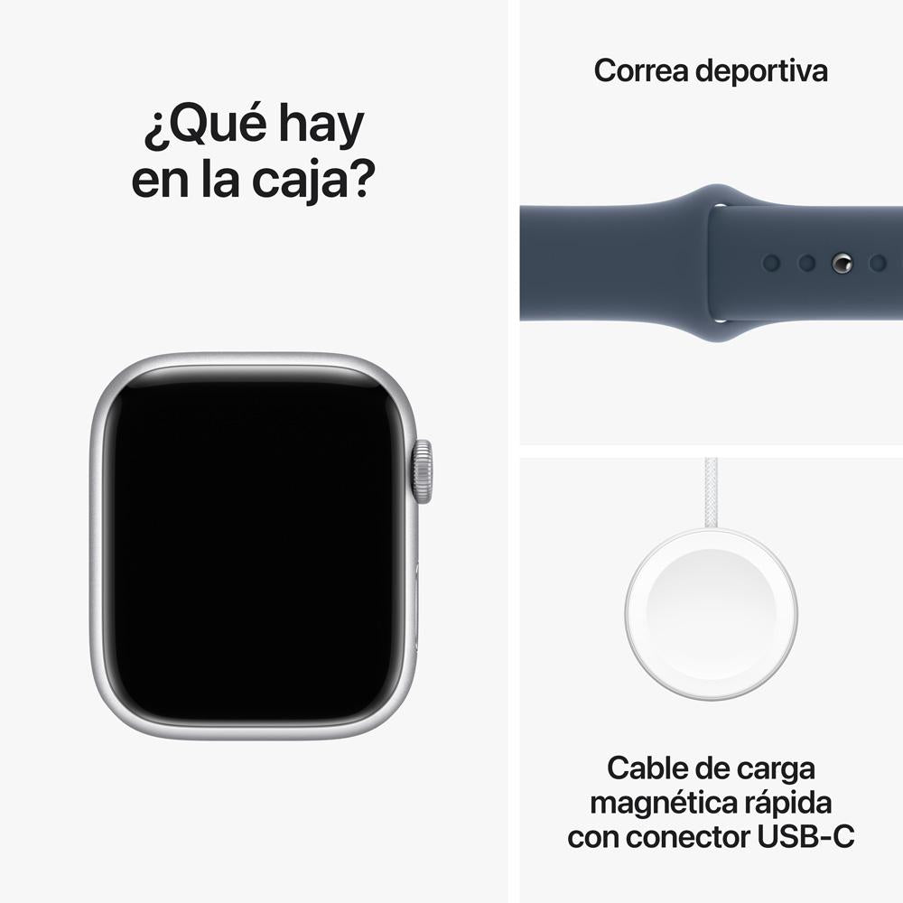 Apple Watch Series 9 GPS + Cellular • Caja de aluminio color plata de 45 mm • Correa deportiva azul tormenta - M/L