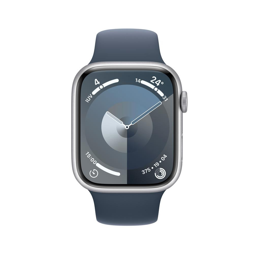 aApple Watch Series 9 GPS + Cellular • Caja de aluminio color plata de 45 mm • Correa deportiva azul tormenta - M/L