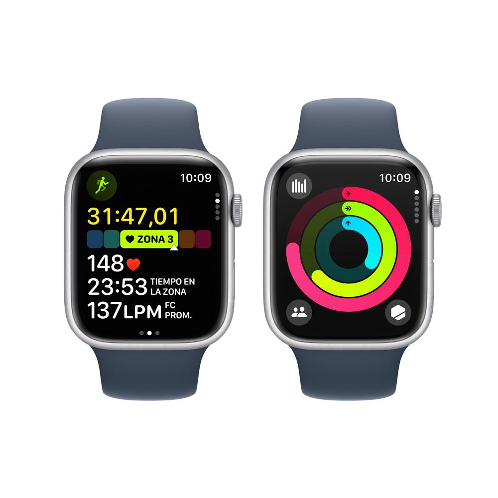 Apple Watch Series 9 GPS + Cellular • Caja de aluminio color plata de 45 mm • Correa deportiva azul tormenta - M/L