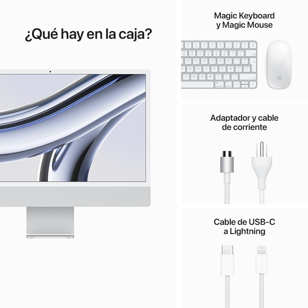iMac con pantalla Retina 4,5K de 24 pulgadas Chip M3 de Apple con CPU de 8 núcleos y GPU de 8 núcleos 8GB Plata 256 GB