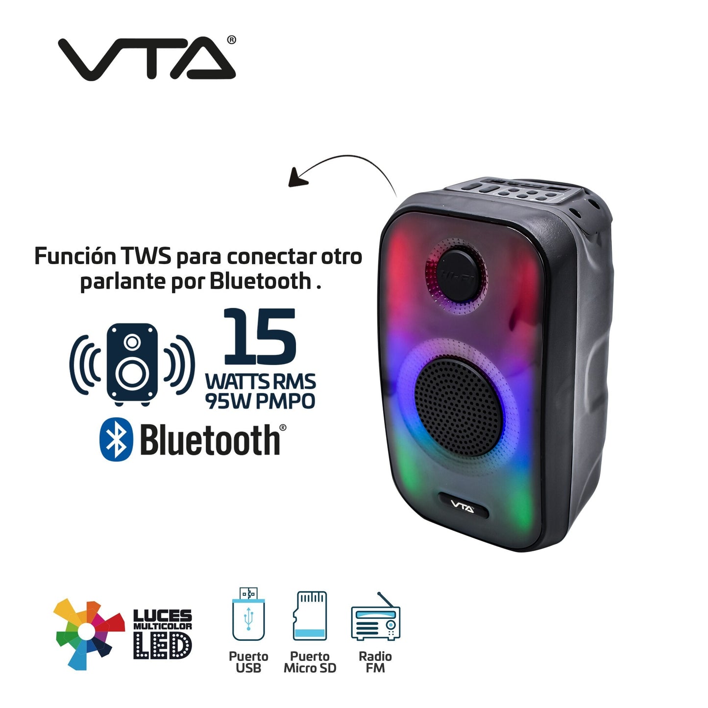 Parlante VTA Recargable Bluetooth 15W Luces