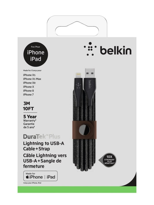 Cable Belkin USB-A a Lightning - 3M - Duratek Plus - Negro